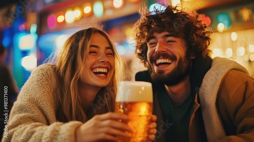 Cheerful Friends Enjoying Beer at Pub Table with Colorful Decor