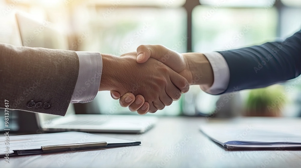 A close-up of a handshake between two business professionals in a modern office setting, with documents and a laptop on the table, representing partnership and corporate deals. A close-up of a handshake between two business professionals in a modern office setting, with documents and a laptop on the table, representing partnership and corporate deals.