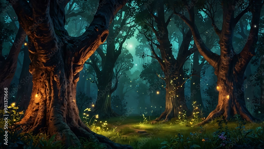 Enchanted grove with glowing ancient trees and fireflies. Enchanted grove with glowing ancient trees and fireflies.