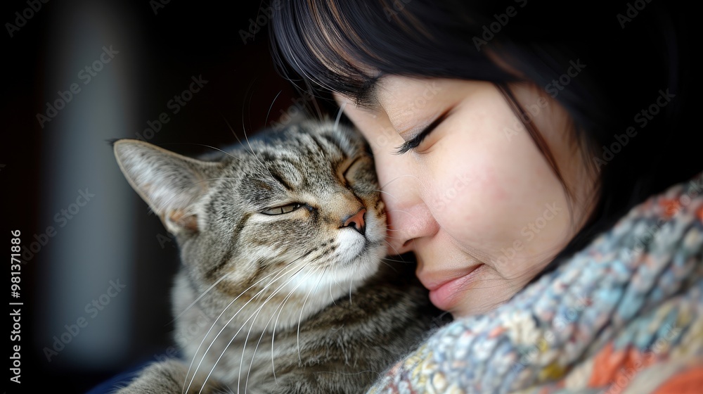 a woman and her beautiful cat, hugging each other, close-up, smile and peace, winter a woman and her beautiful cat, hugging each other, close-up, smile and peace, winter