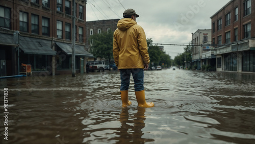 Conceptual image of flood and inundation with man in yellow rubber boots and raincoat, flood relief efforts.
