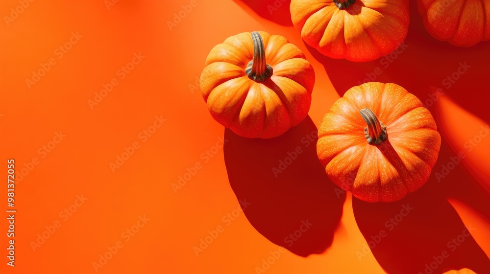 Top view of pumpkins standing on an orange background Top view of pumpkins standing on an orange background