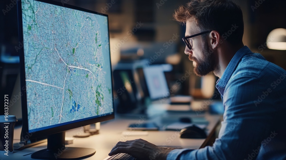 A man is focused intently on geographic data displayed on a large screen. He sits at his desk in a low-light office, surrounded by digital devices, working late into the evening A man is focused intently on geographic data displayed on a large screen. He sits at his desk in a low-light office, surrounded by digital devices, working late into the evening