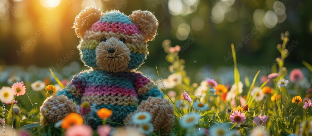 Vibrant Knitted Teddy Bear with a Patchwork of Multicolored Patterns Nestled Amongst the Flourishing Wildflowers in a Sunlit Meadow Exuding a Sense of Whimsical Joy and Childhood Nostalgia Vibrant Knitted Teddy Bear with a Patchwork of Multicolored Patterns Nestled Amongst the Flourishing Wildflowers in a Sunlit Meadow Exuding a Sense of Whimsical Joy and Childhood Nostalgia