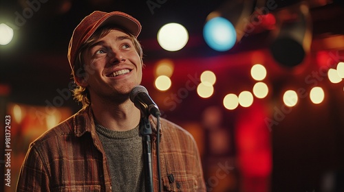 young caucasian male stand-up performer on stage at a small comedy venue, delivering a hilarious routine and engaging the crowd with his funny and relatable jokes photo