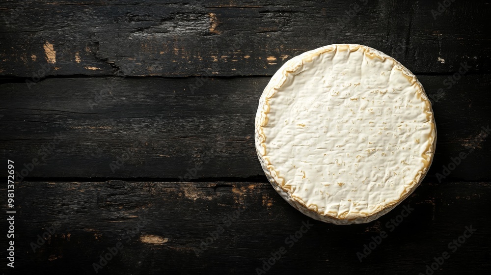 A round wheel of Camembert cheese rests on a rustic wooden table, showcasing its creamy texture against the dark, weathered surface, evoking a farm-fresh feel A round wheel of Camembert cheese rests on a rustic wooden table, showcasing its creamy texture against the dark, weathered surface, evoking a farm-fresh feel