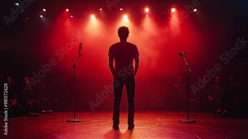 young caucasian male stand-up performer on stage at a small comedy venue, delivering a hilarious routine and engaging the crowd with his funny and relatable jokes