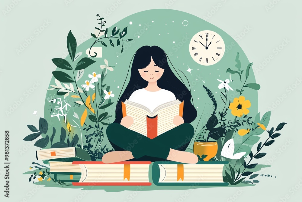 Reading a Book with Study Elements - A Calming Illustration Highlighting Time Management, Focus, and the Joy of Learning Reading a Book with Study Elements - A Calming Illustration Highlighting Time Management, Focus, and the Joy of Learning
