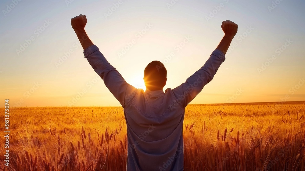 A person stands in a golden wheat field, arms lifted high in celebration as the sun sets on the horizon, creating a warm glow in the sky. The atmosphere feels festive and joyful A person stands in a golden wheat field, arms lifted high in celebration as the sun sets on the horizon, creating a warm glow in the sky. The atmosphere feels festive and joyful