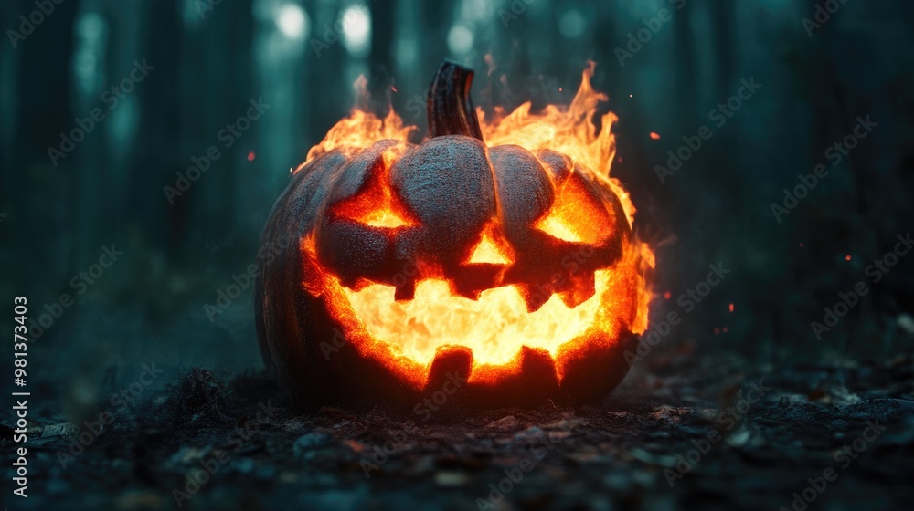 Naklejka premium Sinister Pumpkin Burning Brightly in a Dark, Enchanted Forest