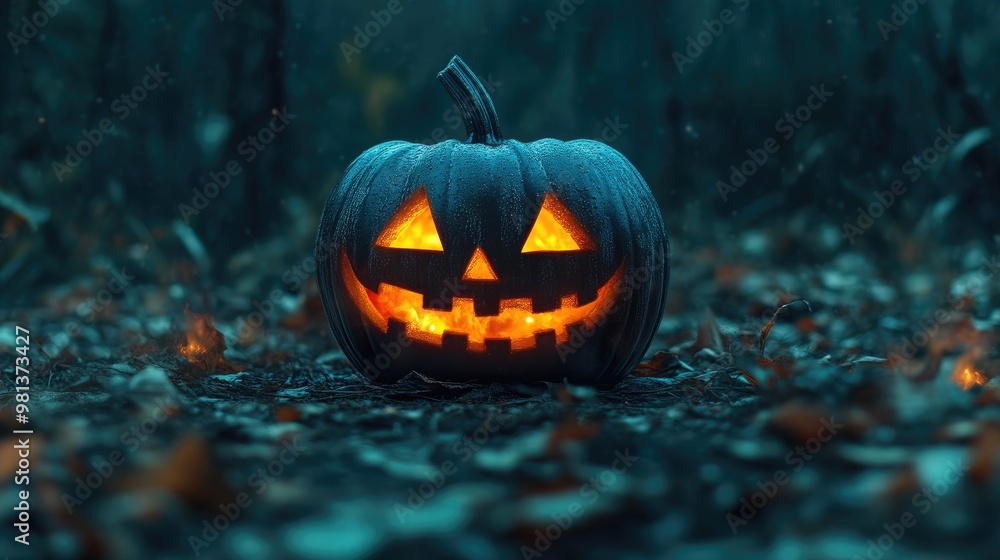 Fototapeta premium Ghoulish Pumpkin with Fiery Eyes in an Ominous Forest Setting