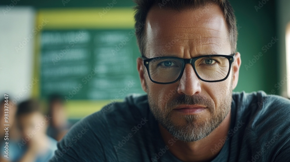 A man with glasses gazes intently, portraying a sense of focus and determination while seated in a classroom filled with students engaged in learning during the afternoon A man with glasses gazes intently, portraying a sense of focus and determination while seated in a classroom filled with students engaged in learning during the afternoon