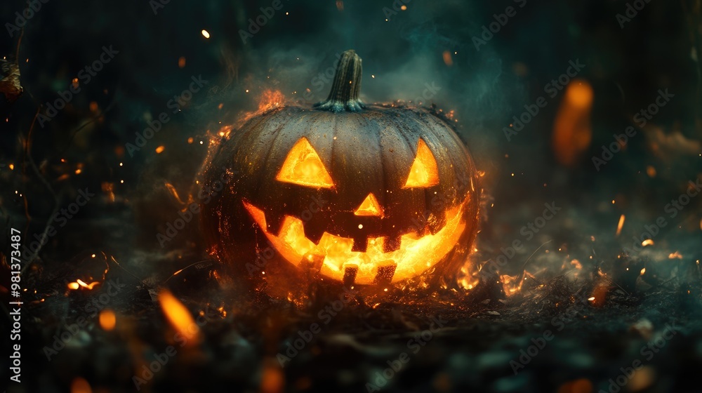Menacing Jack-o'-Lantern Glowing in a Shadowy Woodland Scene Menacing Jack-o'-Lantern Glowing in a Shadowy Woodland Scene