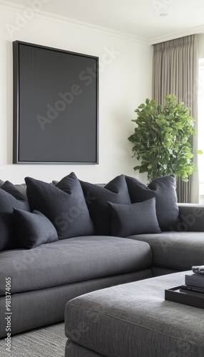 Minimalist Living Room. Modern Interior Design With Gray Sofa, Plants, and Abstract Painting. photo