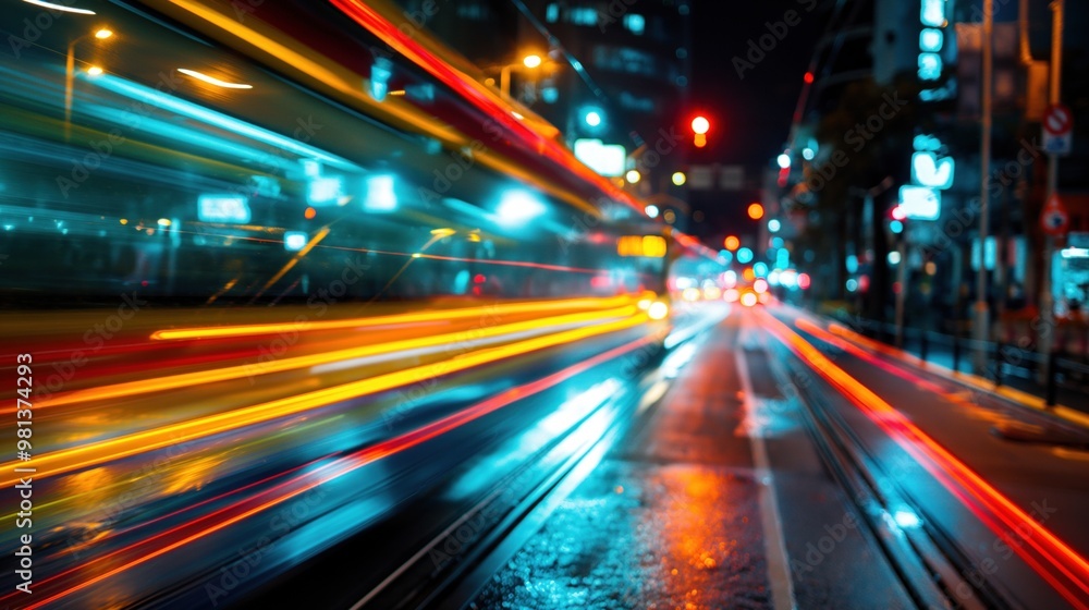 Bright light trails from passing vehicles illuminate the rainy city street at night, creating a colorful and dynamic urban atmosphere Bright light trails from passing vehicles illuminate the rainy city street at night, creating a colorful and dynamic urban atmosphere