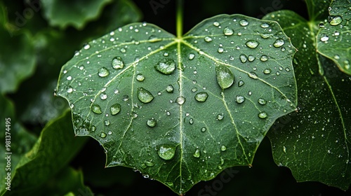 Raindrops glistening on a verdant leaf, capturing the essence of nature's beauty.  #981374495