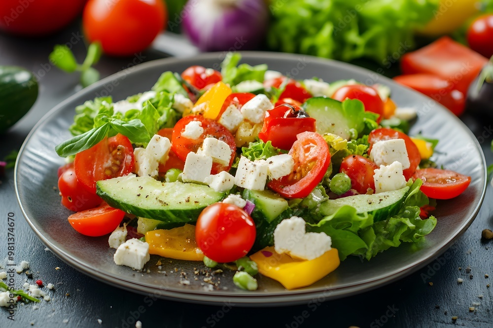 healthy and fresh salad full of tomatoes, cucumbers, feta cheese and other vegetables healthy and fresh salad full of tomatoes, cucumbers, feta cheese and other vegetables
