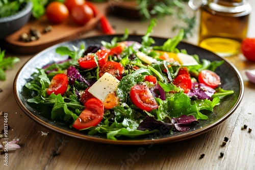 healthy and fresh salad full of tomatoes, cucumbers, feta cheese and other vegetables