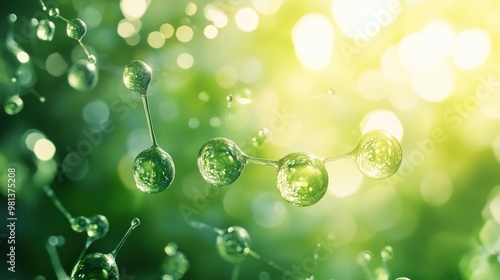 Abstract 3D render of water molecules in a green and bright background. photo