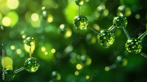 Abstract green molecule model on blurred background.