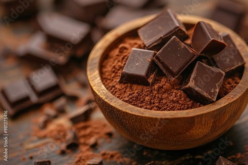 A wooden bowl filled with cocoa powder and dark chocolate squares.