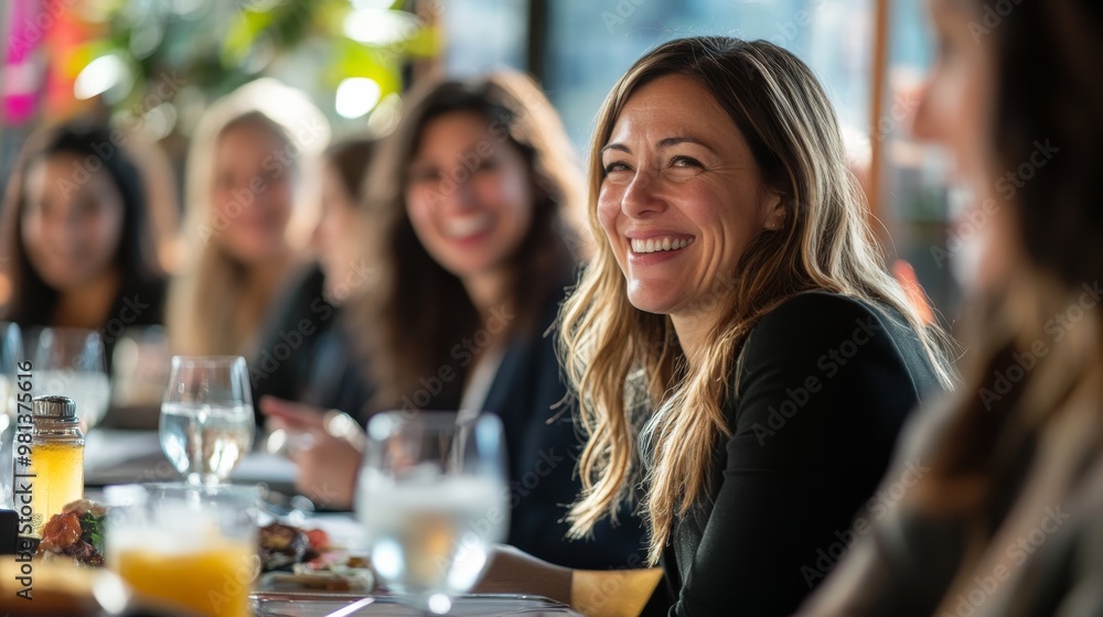 A lively gathering of professionals seated at a large table, sharing smiles and drinks while engaging in lively conversation at a corporate event during the day A lively gathering of professionals seated at a large table, sharing smiles and drinks while engaging in lively conversation at a corporate event during the day
