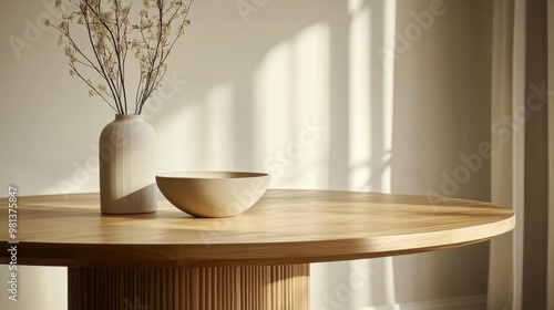 An elegant round wooden dining table is set in a minimalist dining room, decorated with a simple vase and bowl, enhanced by gentle sunlight streaming through the window photo