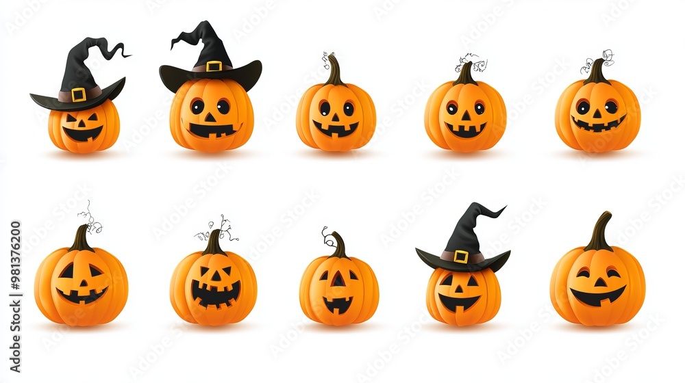 Halloween jackolanterns with smiling faces some wearing witch hats 3D vector set of cute pumpkins perfect for party decorations Halloween jackolanterns with smiling faces some wearing witch hats 3D vector set of cute pumpkins perfect for party decorations