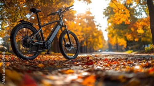 A modern electric bicycle is parked in a bike lane, with vibrant autumn leaves scattered across the ground, showcasing the beauty of the season