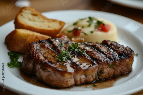 grilled steak with cheese and bread on the plate