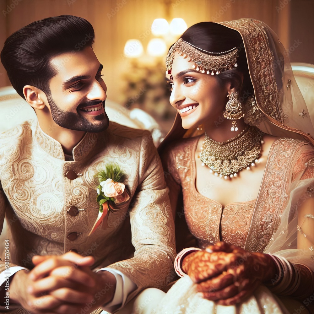 Fictional AI generated image of an Indian couple bride and groom looking at each other smiling during the wedding, romantic indian marriage concept