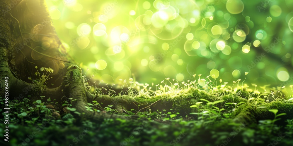 Obraz premium Abstract background with tree roots and green bokeh background with blurred lights, soft highlights.