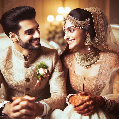 Obraz na płótnie Fictional AI generated image of an Indian couple bride and groom looking at each other smiling during the wedding, romantic indian marriage concept w salonie