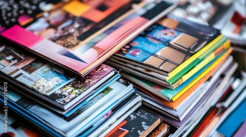 A closeup display reveals a neatly organized stack of colorful magazines and coffee table books showcasing diverse artistic designs, perfect for casual browsing