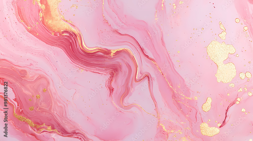 Abstract pink marble liquid texture with gold splashes, rose luxury background. Marble. Illustration