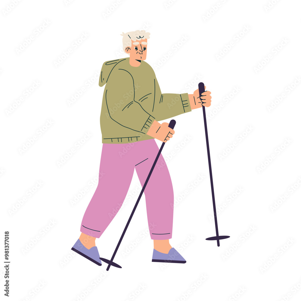 Senior Man Character Pole Nordic Walking Vector Illustration Senior Man Character Pole Nordic Walking Vector Illustration