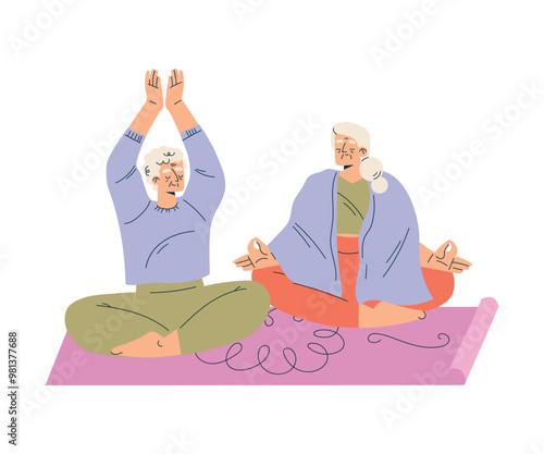 Nursing Home with Retired Woman Friend Character on Mat Do Yoga Vector Illustration