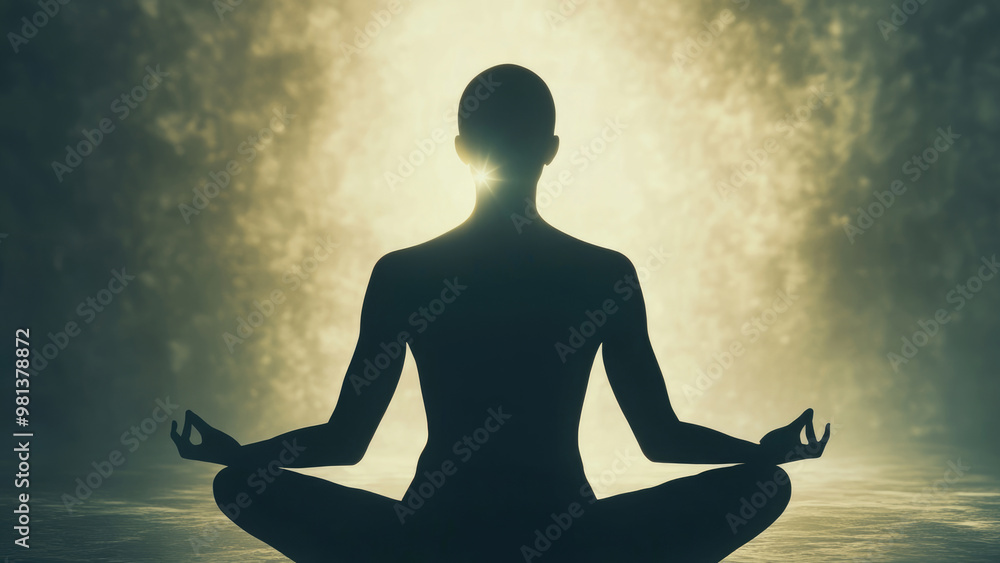 Silhouette of a person meditating in a serene environment illuminated by a soft golden light Silhouette of a person meditating in a serene environment illuminated by a soft golden light