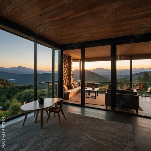 A modern glasswalled cabin photo