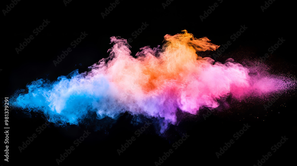 A burst of white powder explodes against a dark backdrop, creating a colorful cloud. The vibrant dust dances in the air, resembling a festive Holi celebration. A burst of white powder explodes against a dark backdrop, creating a colorful cloud. The vibrant dust dances in the air, resembling a festive Holi celebration.