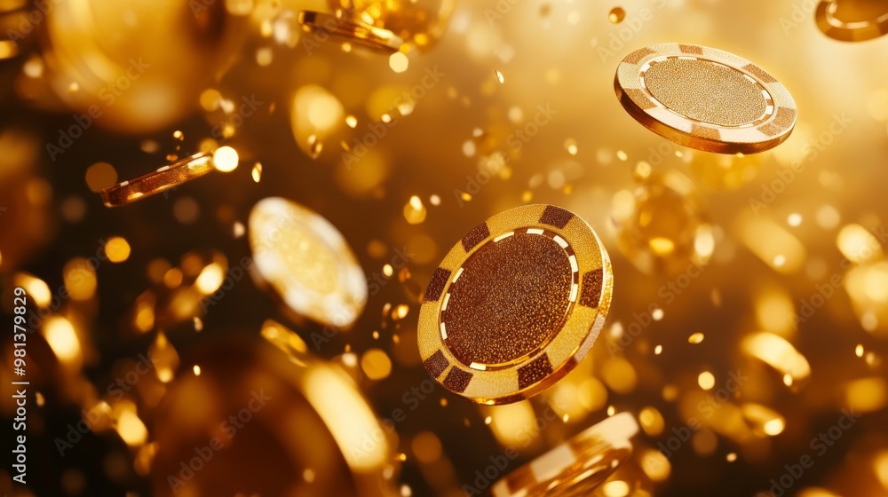 Golden casino chips float midair in a dynamic display, creating an exciting visual against a simple background, capturing the thrill of gambling Golden casino chips float midair in a dynamic display, creating an exciting visual against a simple background, capturing the thrill of gambling