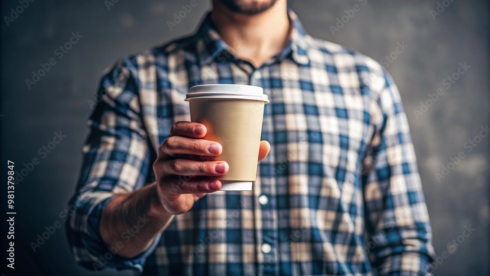A man in a casual plaid shirt holding a takeaway coffee cup, offering a modern, on-the-go vibe. The close-up highlights the convenience of enjoying coffee in a simple, everyday setting. A man in a casual plaid shirt holding a takeaway coffee cup, offering a modern, on-the-go vibe. The close-up highlights the convenience of enjoying coffee in a simple, everyday setting.