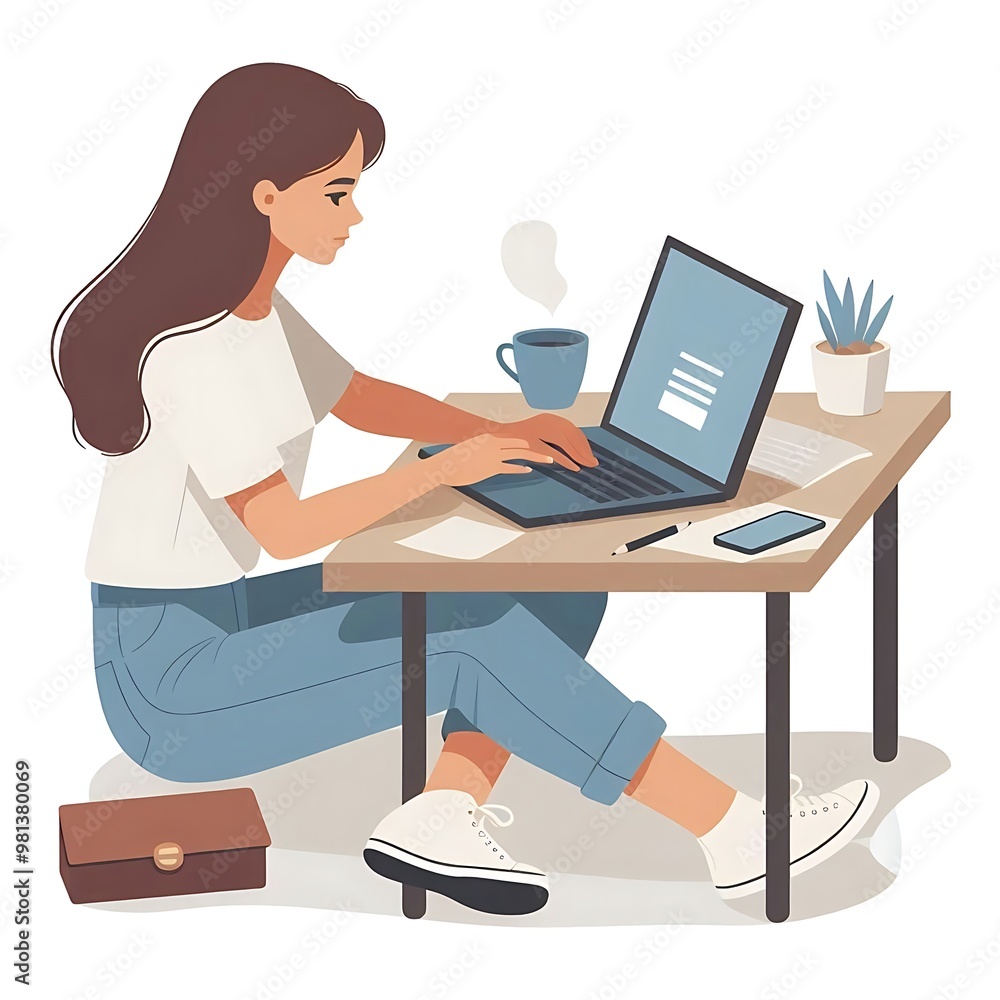 A flat-style illustration of a woman focused on her laptop. Ideal for work-from-home, business, tech, or freelance-related designs. Clean and simple composition on a white background. A flat-style illustration of a woman focused on her laptop. Ideal for work-from-home, business, tech, or freelance-related designs. Clean and simple composition on a white background.