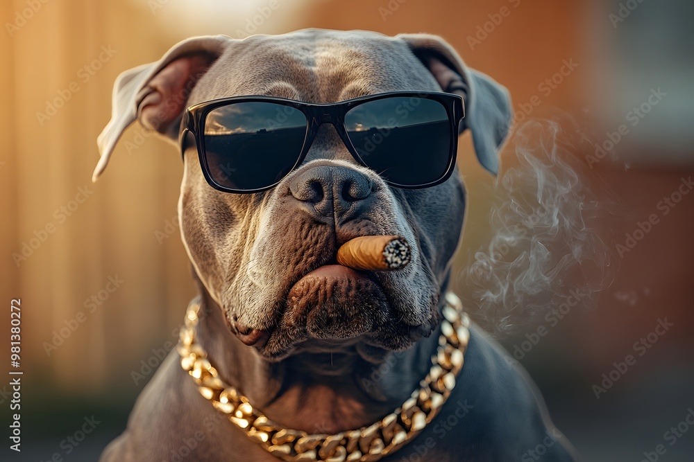 serious and cool dog smoking cigar and smoke around him and wearing black sunglasses and gold chain around his neck serious and cool dog smoking cigar and smoke around him and wearing black sunglasses and gold chain around his neck