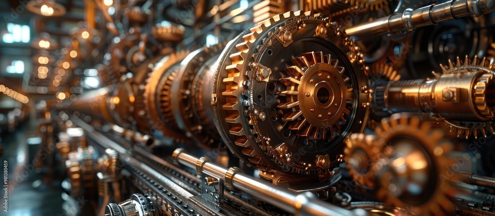 Closeup of an intricate arrangement of metallic gears cogs and other machinery parts in an industrial or engineering setting The image showcases the complex futuristic Closeup of an intricate arrangement of metallic gears cogs and other machinery parts in an industrial or engineering setting The image showcases the complex futuristic