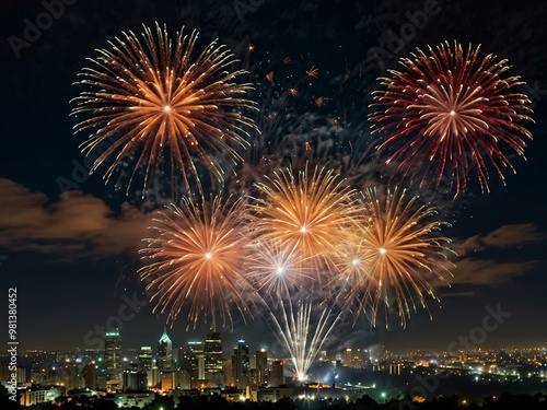 Fireworks lighting up the night sky over a city skyline.