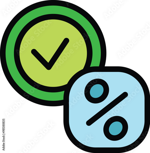 Green tick icon is hovering over a blue percentage symbol, signifying approval for a discount
