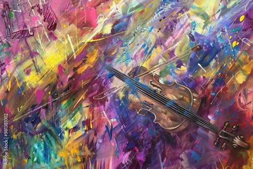 A colorful painting of a violin with a colorful background