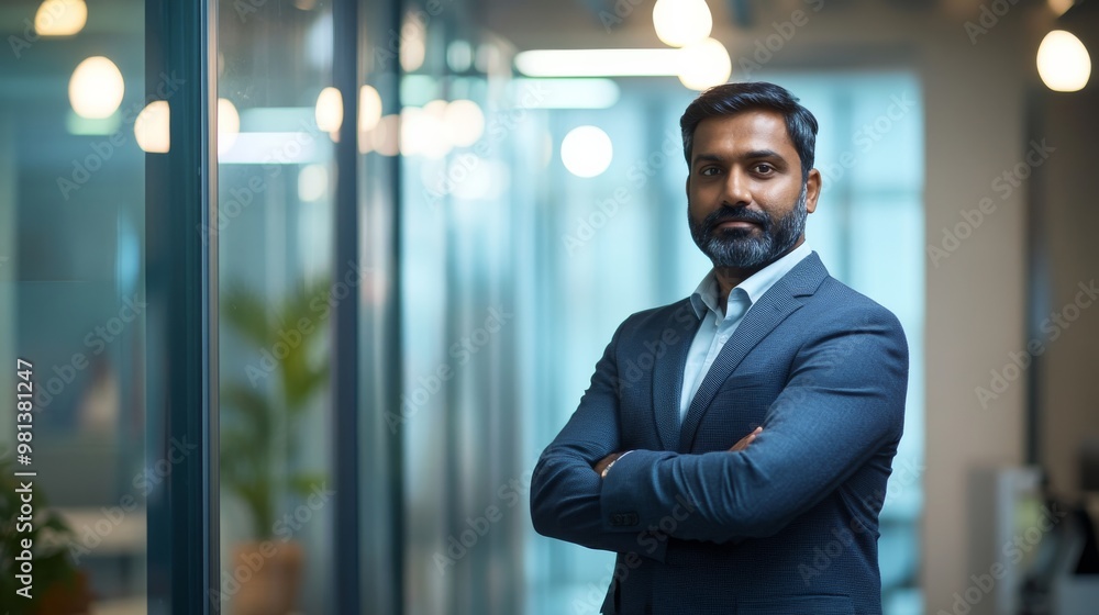 An Indian businessman stands in a sleek IT office, exuding confidence with arms crossed. The modern workspace features glass walls and ambient lighting An Indian businessman stands in a sleek IT office, exuding confidence with arms crossed. The modern workspace features glass walls and ambient lighting