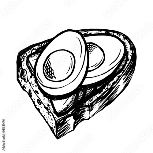 Avocado toast with boiled eggs drawing, vector illustration, sketch style, engraving, black line and color stains, isolated on white background